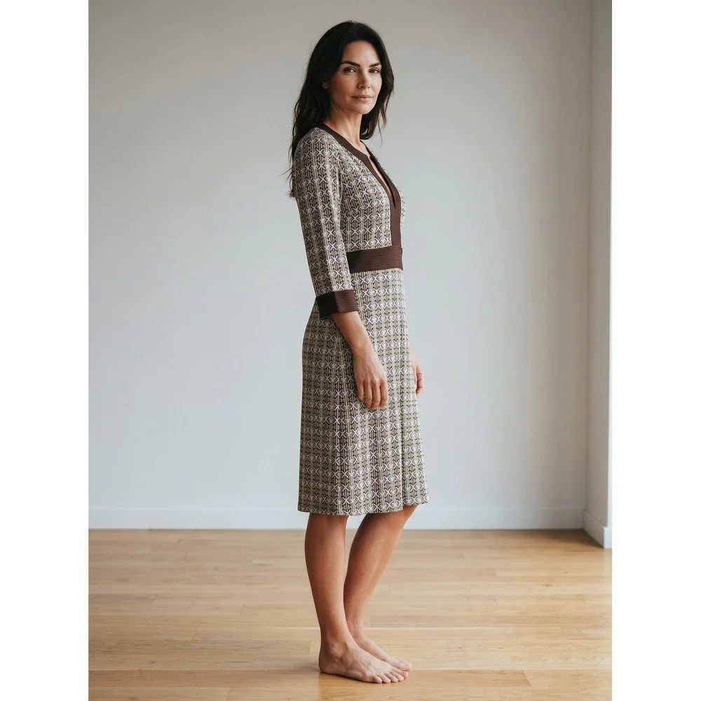 Tory Burch Silk Geometric Print Notched V-Neck Dress Brown Green Lavender Size M